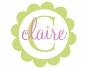 Name and Initial Vinyl Wall Decal - Round Scallop Border Circle Decal with Monogram for Girl Baby Nursery or Room Decal 22Hx22W FS0190