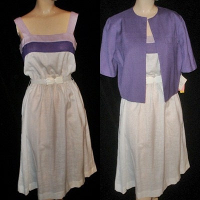 SALE Vintage 2 Piece 70s Butte White Linen Sun SUMMER dress Purple Trim and Bolero belted NWT size 14 Valentine Easter