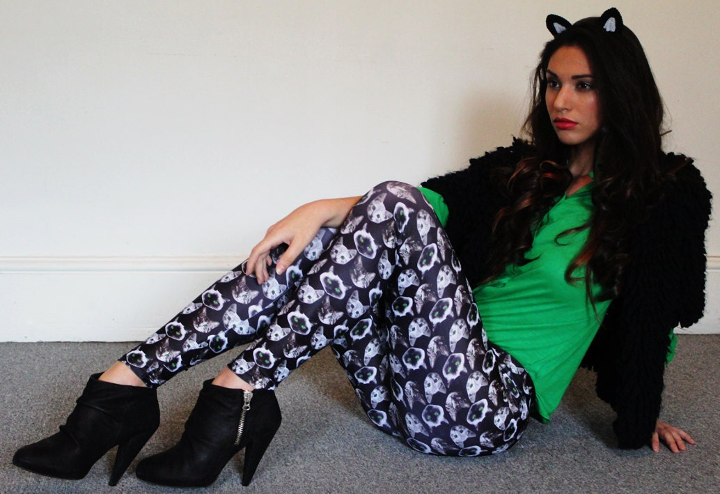 Women's Printed leggings, Green eyed cat print tights, Handmade