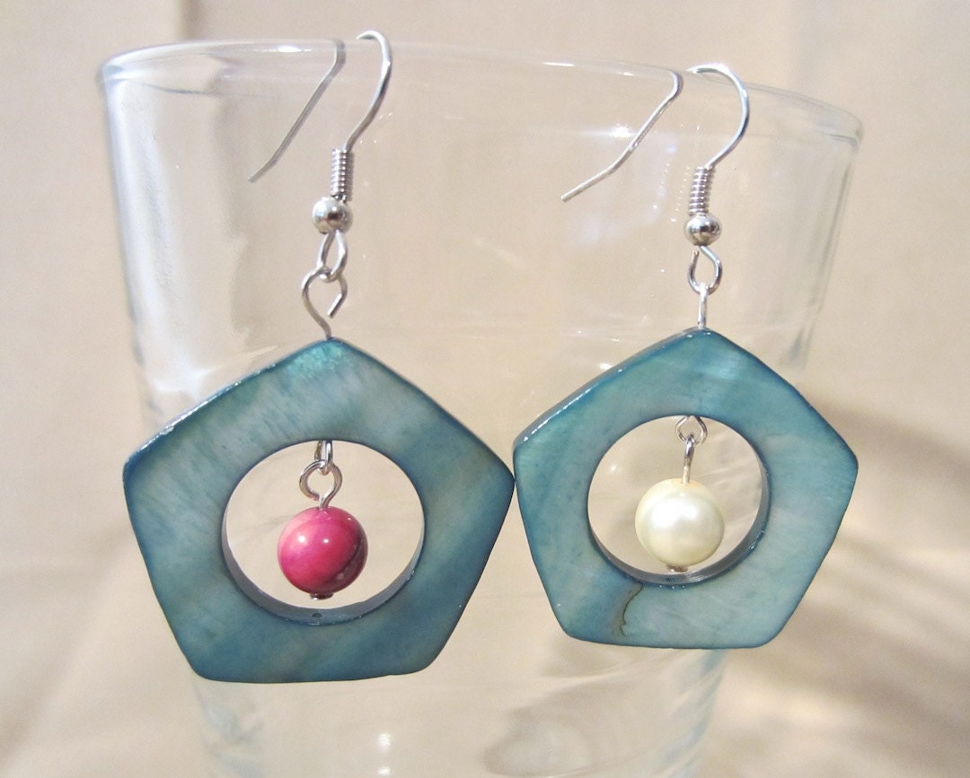 Teal Shell Pentagon & Bead Dangle Earrings
