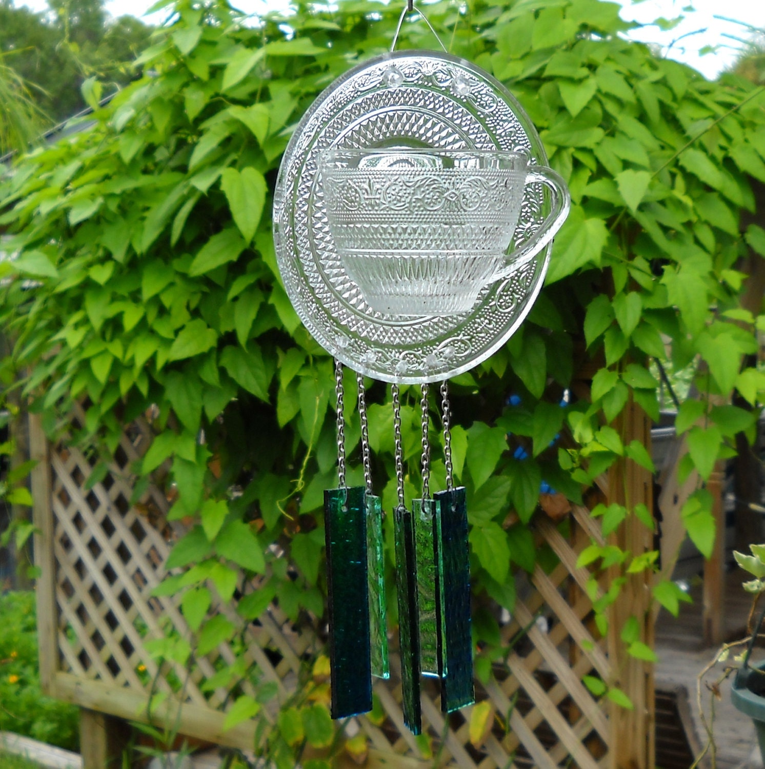 Crystal Clear Vintage Teacup and Saucer Wind Chime for Yard or Window
