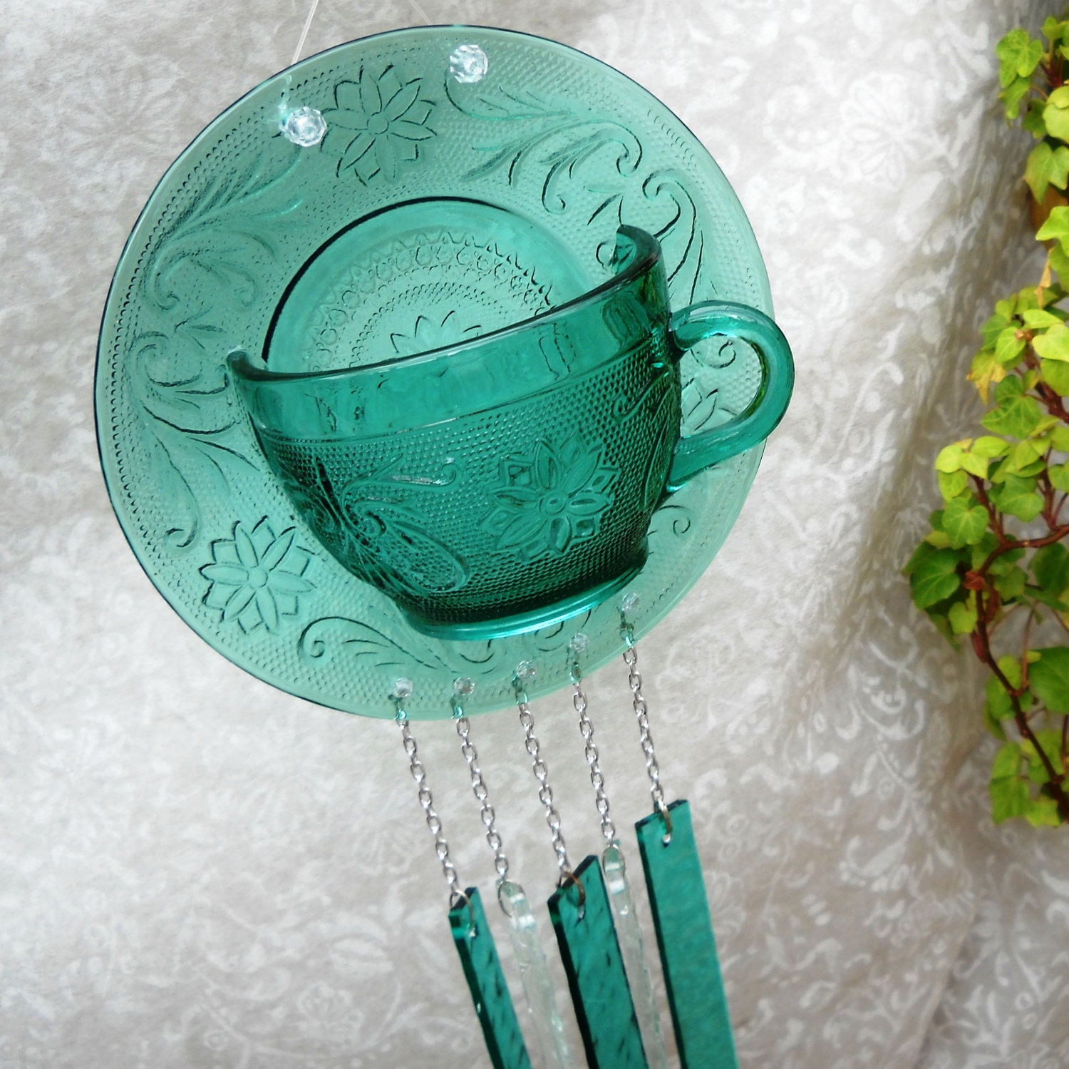 Spruce Tiara Sandwich Glass Wind chime -- Vintage Tea cup and Saucer