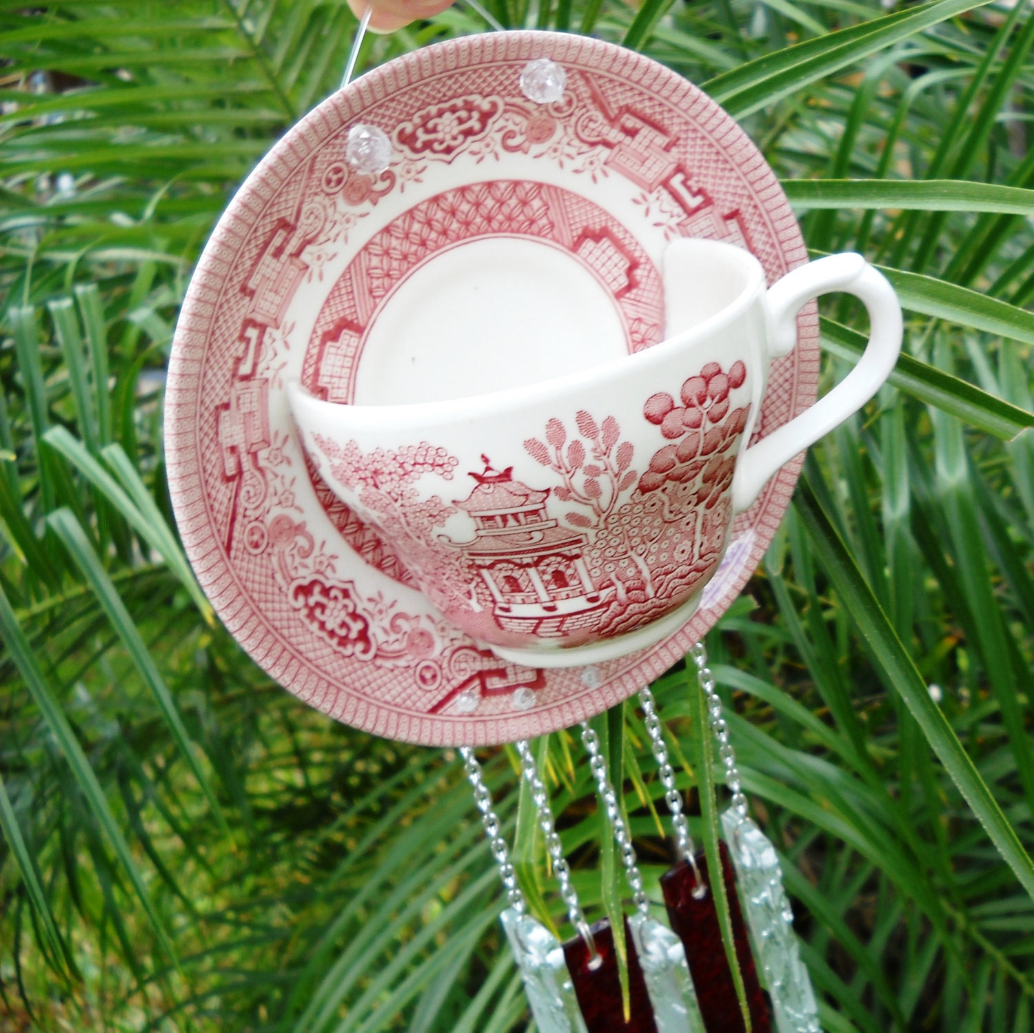 Vintage Red Transferware Stained Glass Suncatcher Wind Chime