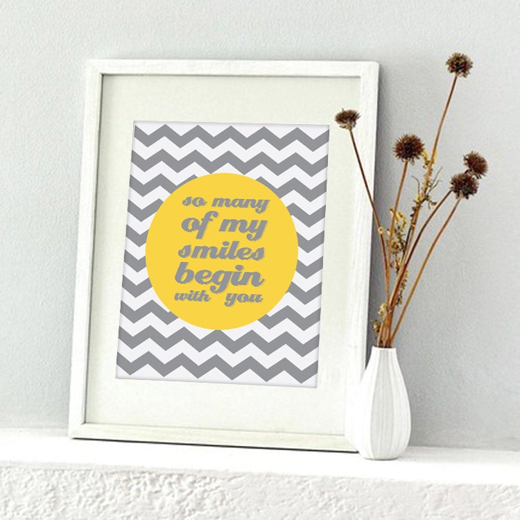 Smiles Print Chevron Zig Zag  - 8x10 - Modern Nursery Wall Art - Yellow Gray Nursery Decor