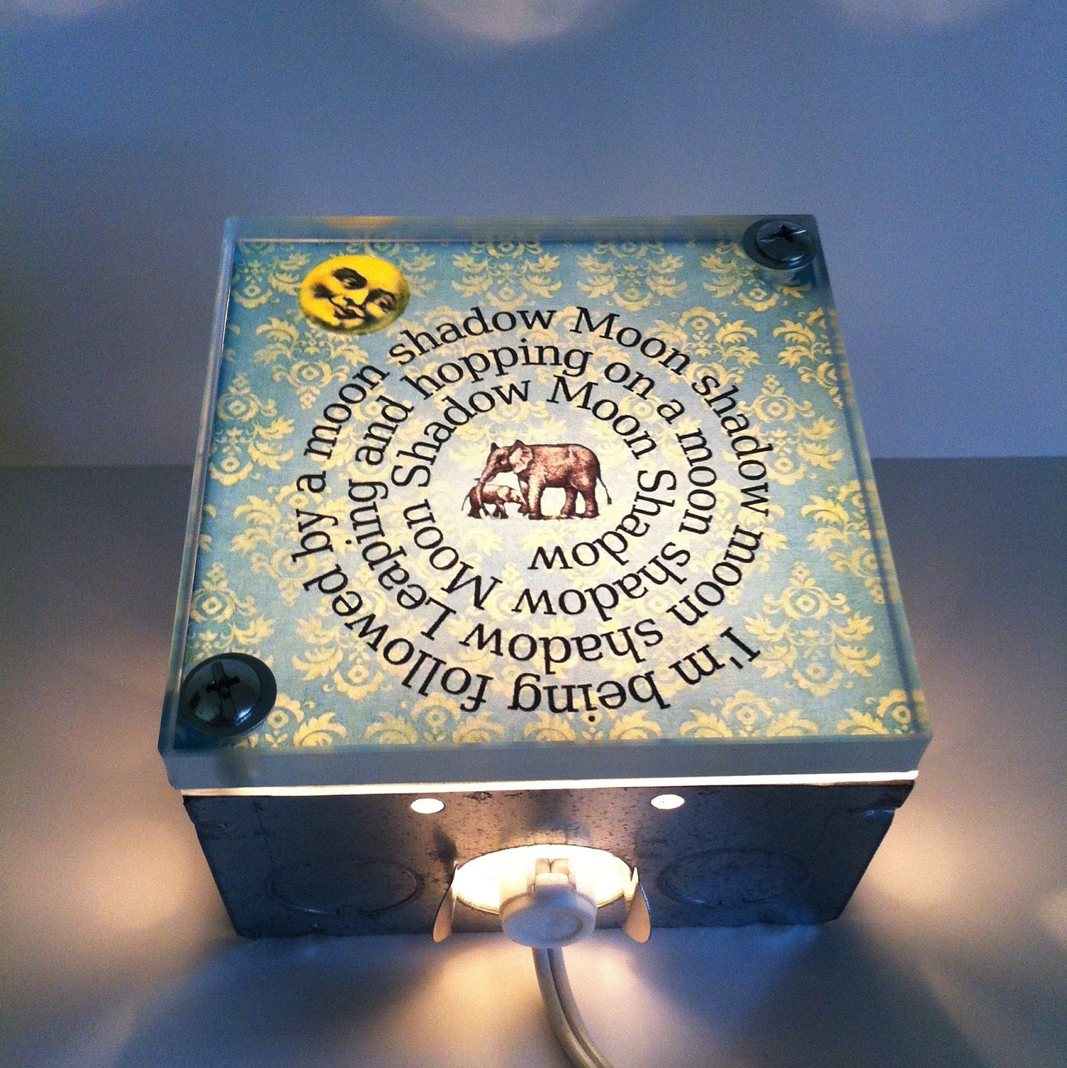 Cat Stevens- Moon Shadow Lyrics-Elephants- Upcycled-Repurposed- Light Box-Nursery night Lights