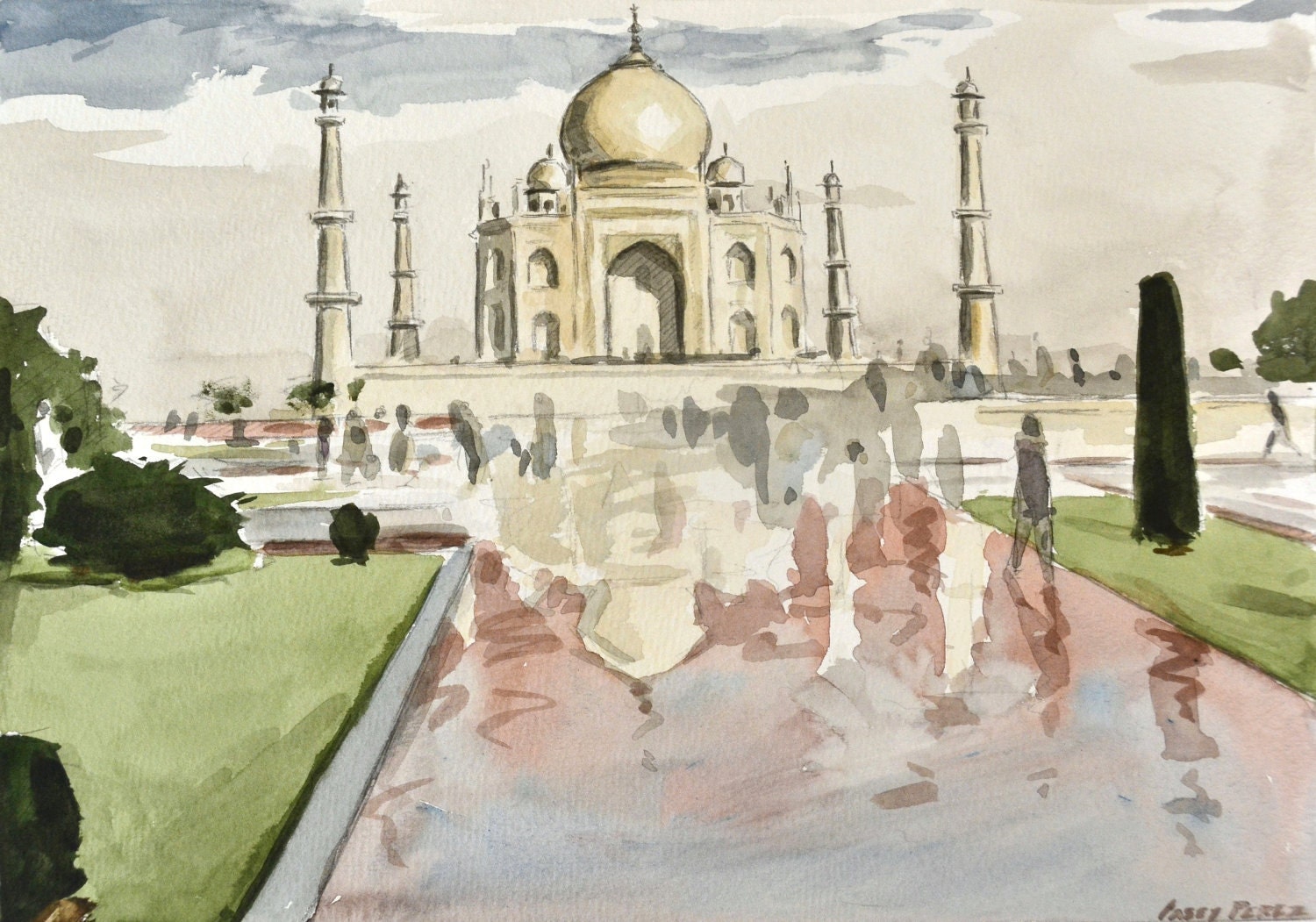 Taj Mahal Watercolor Painting PRINT Water Reflection 9x12