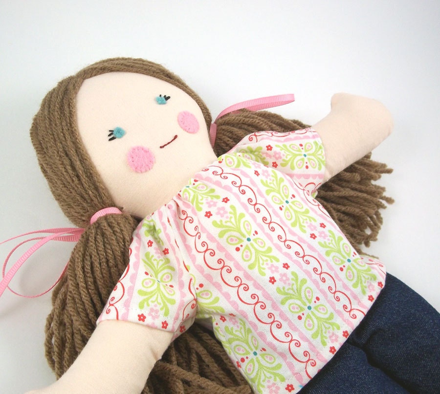 SALE 30% OFF - Simple Rag Doll Brown Hair Blue Eyes Pink Shirt Blue Jeans