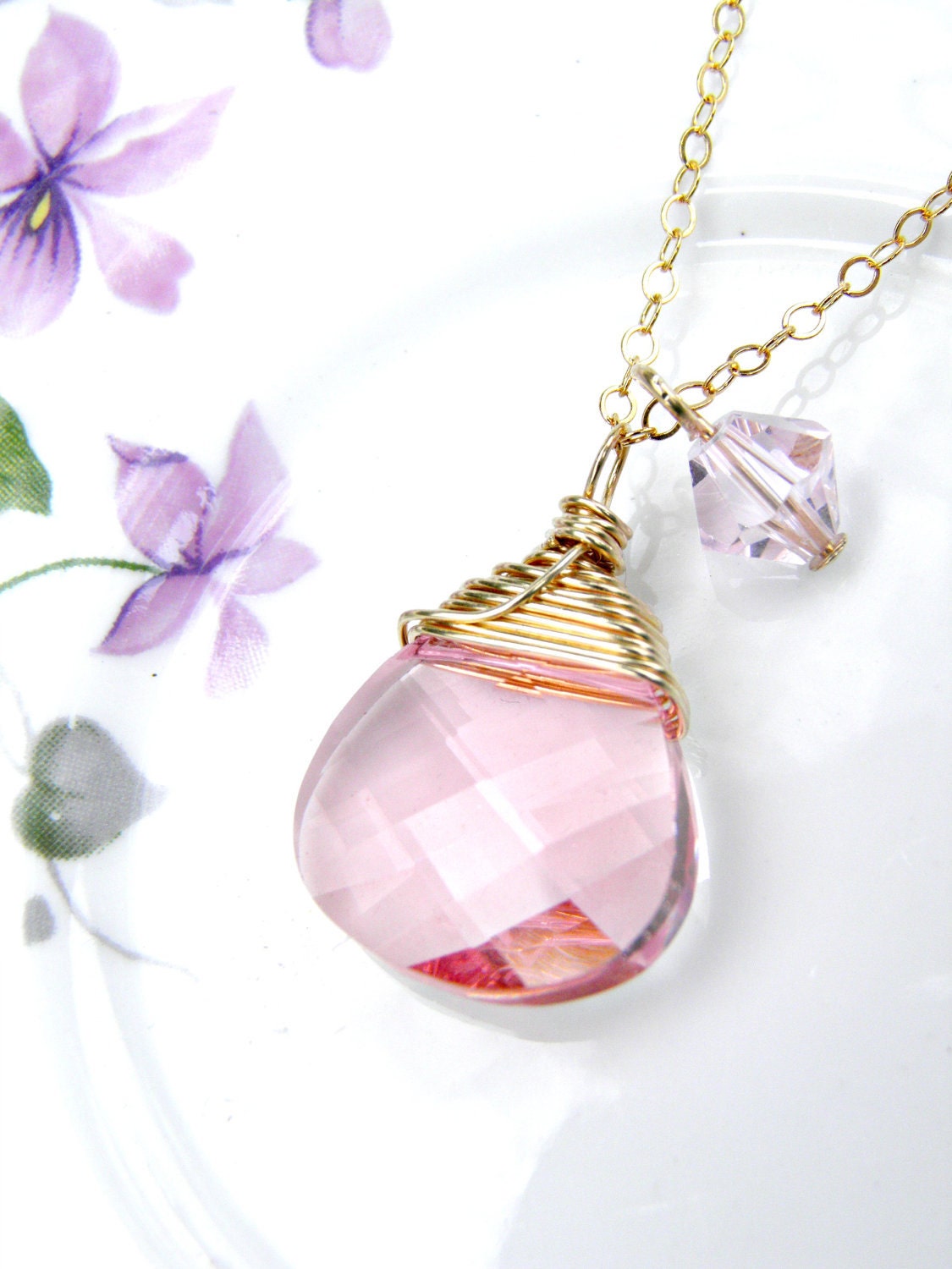 14k Gold Filled Swarovski Crystal Necklace, Pink Swarovski Crystal Briolette Bridal Jewelry