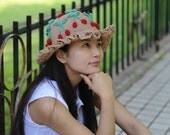 crochet hat handmade women crochet sun straw summer hat  wide brim with red cherries