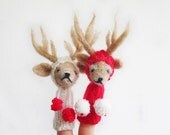 ON SALE Finger Puppet Mobile, Needle Felted Red White Reindeer Couple, nursery decor, toy, baby, children, eco friendly, christmas