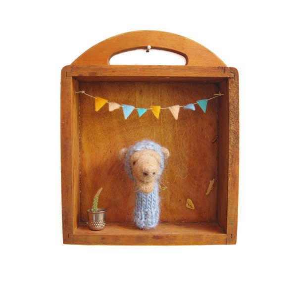 FINGER PUPPET BOX Blue Needle Felted Camel in a Vintage Shadow Box, Toy, Wall Hanging, Children Decor, Eco Friendly, Vintage, Rustic, Baby