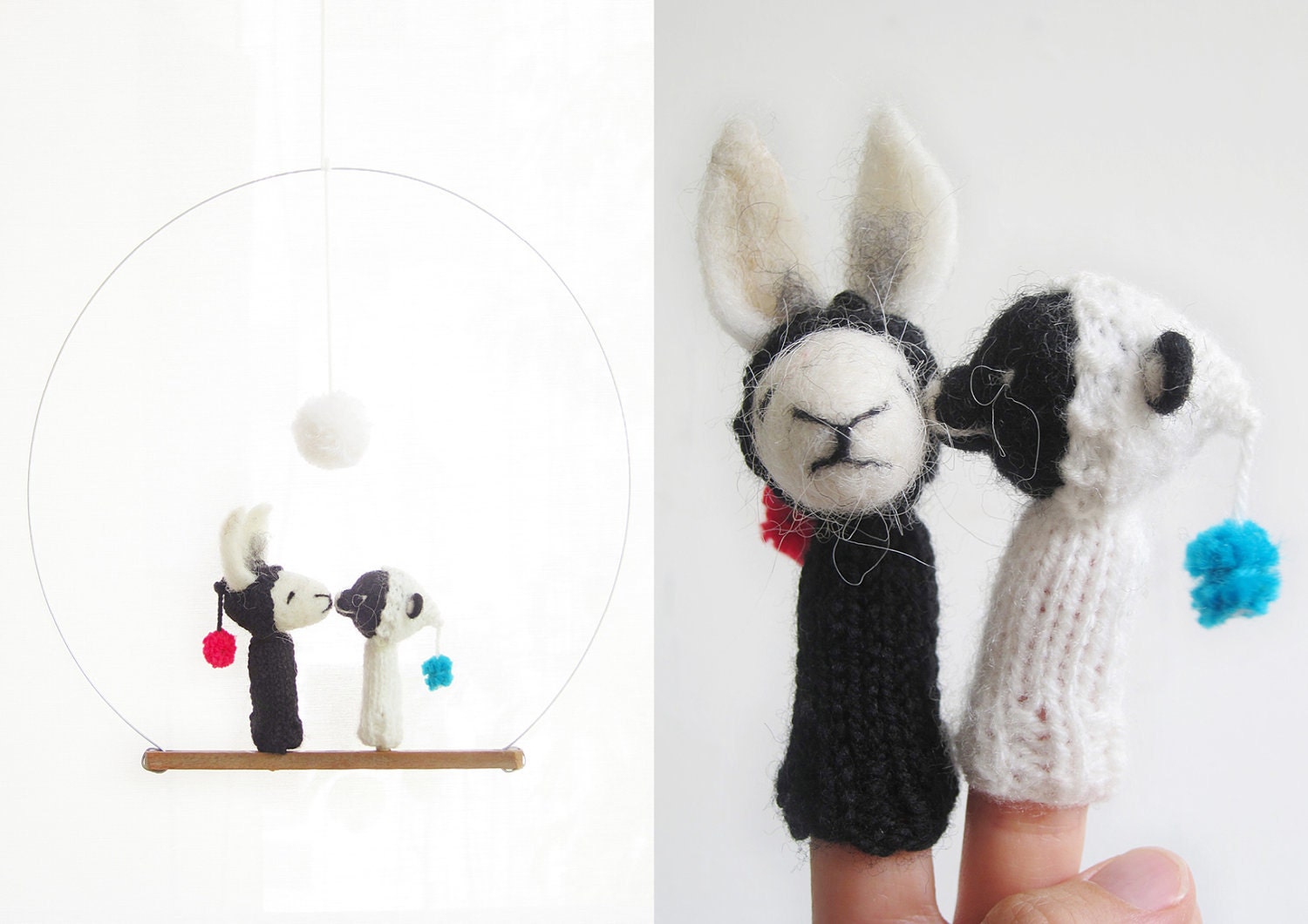 FINGER PUPPET MOBILE / Wall Hanging, Needle Felted White Rabbit and Black Bear, baby, children, wedding gift, eco-friendly toy, nursery art