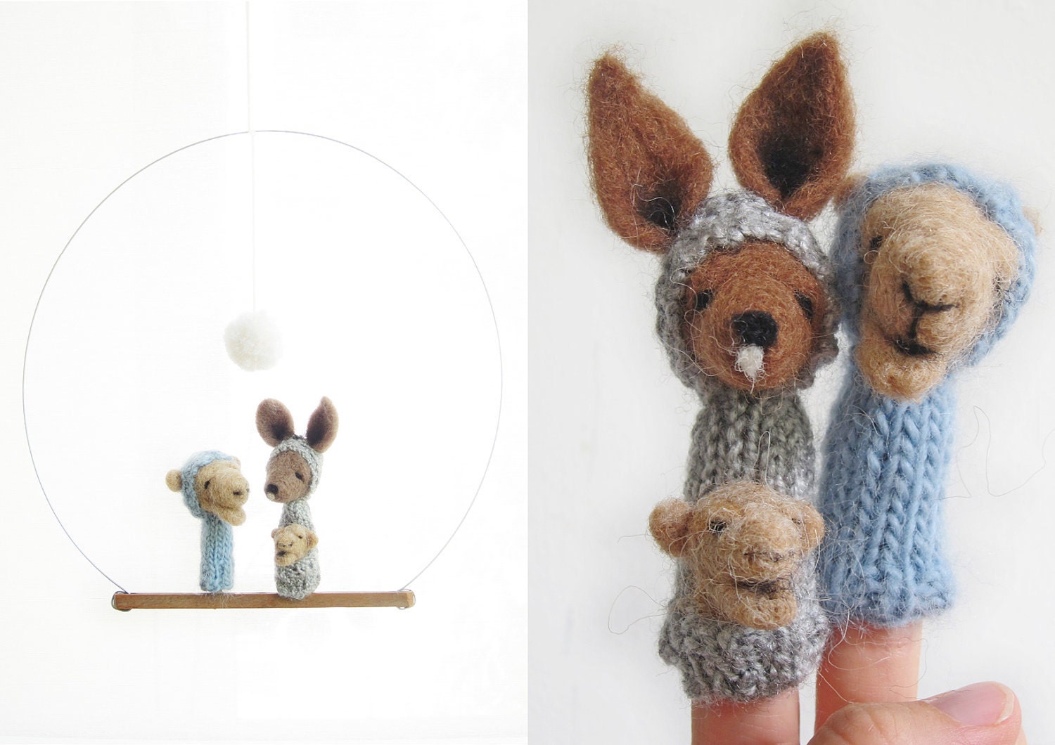 FINGER PUPPET MOBILE / Wall Hanging, Kangaroo & Camel Family, felted wool, baby, children, kids, eco-friendly toy, nursery decor