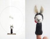 FINGER PUPPET MOBILE / Wall Hanging, Needlefelted Black & White Rabbit, Soft Toy and Nursery or Children's Room Decor