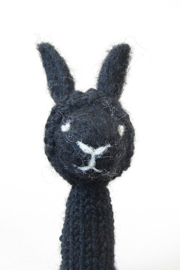 Black Rabbit Finger Puppet Soft Toy- needlefelted from wool with a knitted black hoody, children, kids, baby