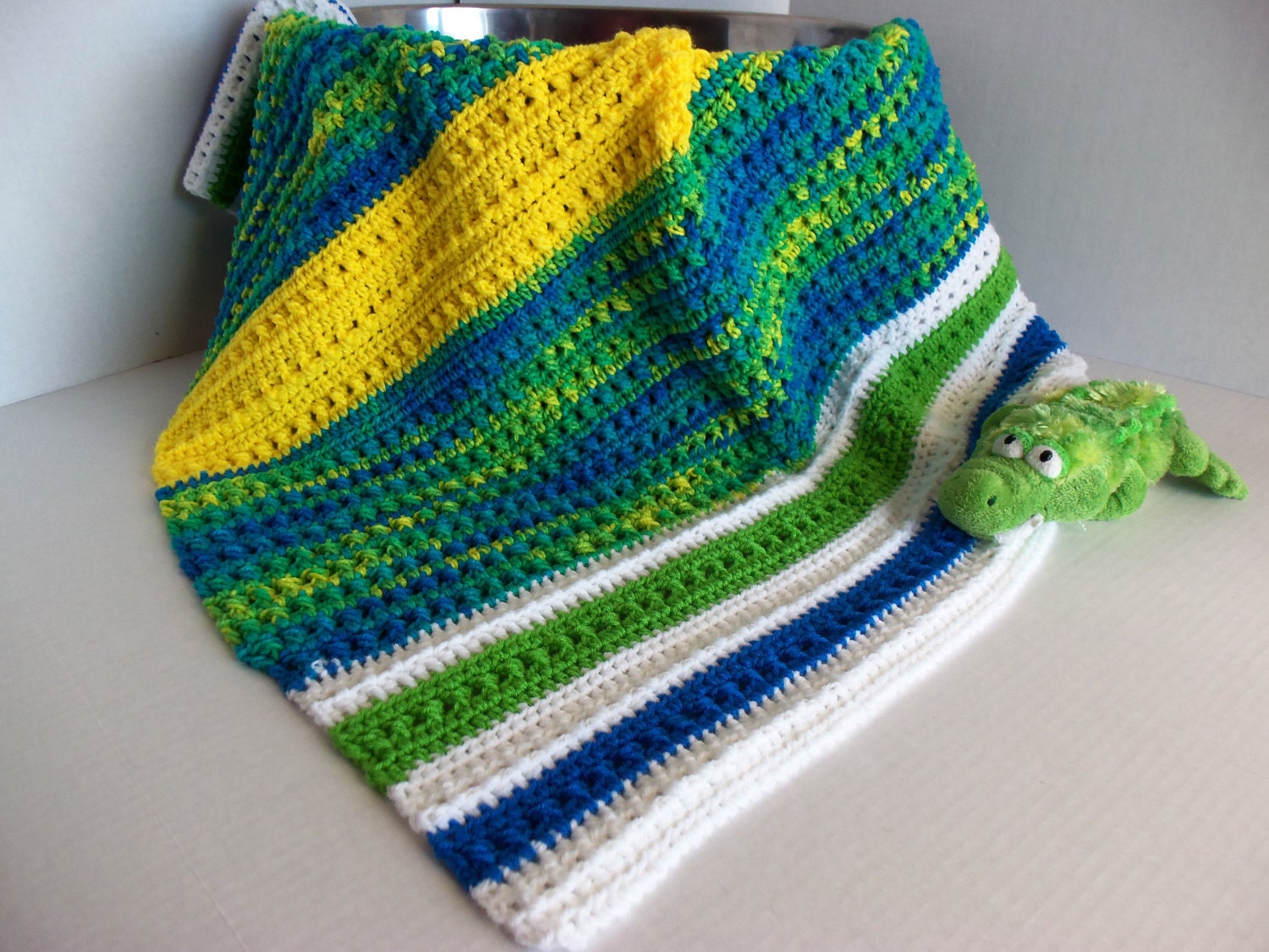 Bright Blue, Yellow,and Green Baby / Toddler Afghan Blanket