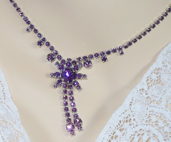 RESERVED Vintage Purple Rhinestone Necklace/Choker - Center Flower Drop
