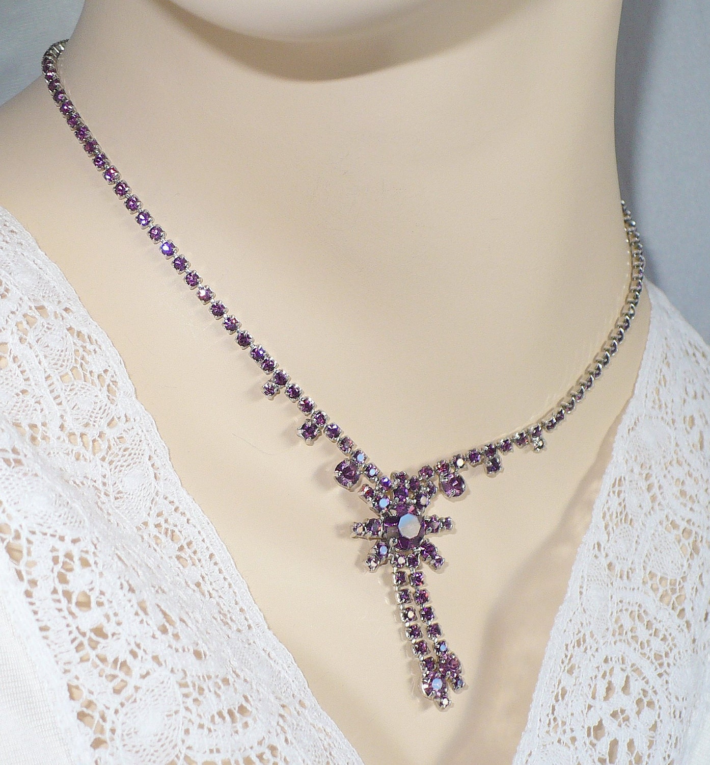 RESERVED Vintage Purple Rhinestone Necklace/Choker - Center Flower Drop