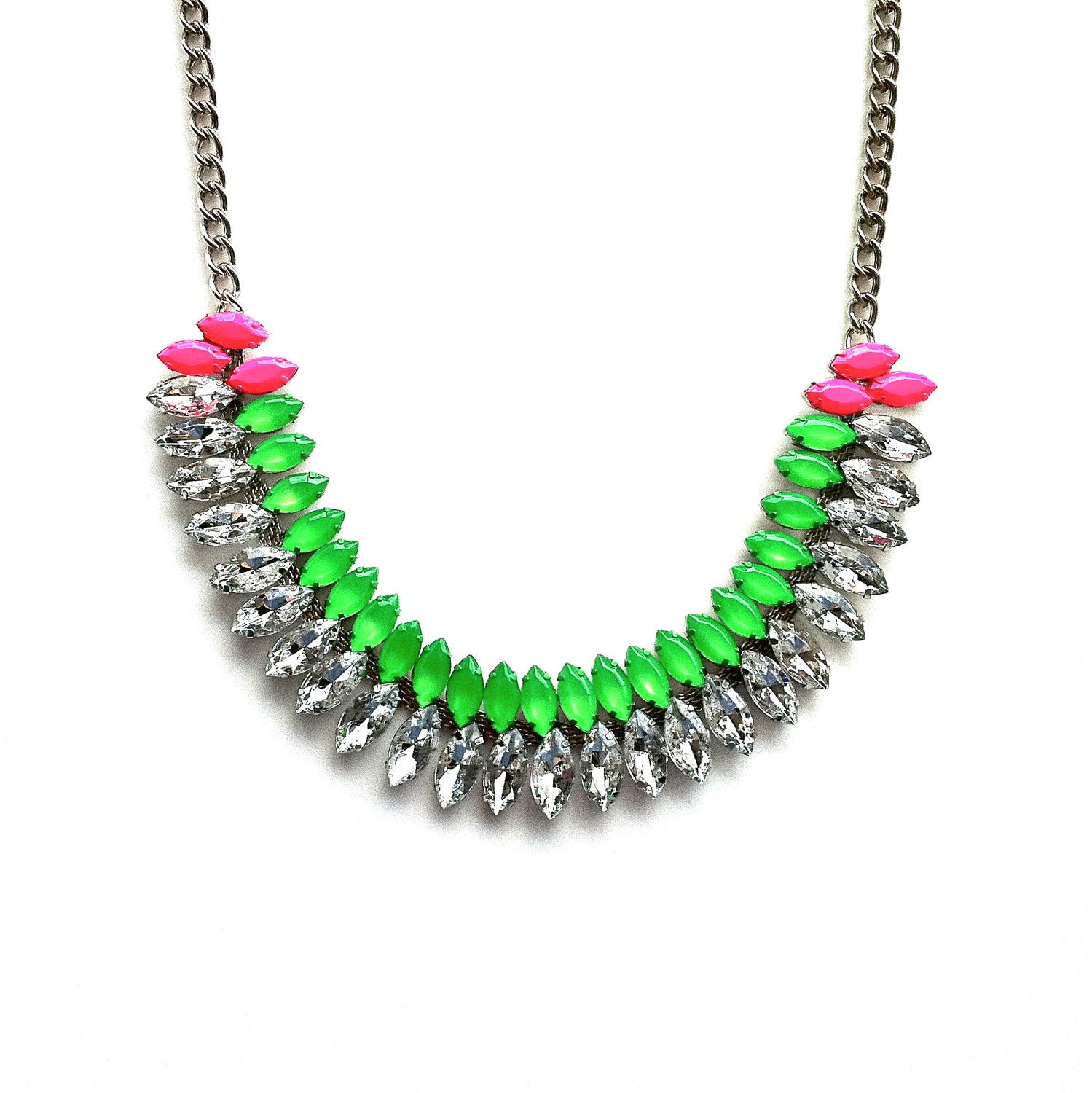 Neon Green and Neon Pink Hand-painted Crystal Necklace