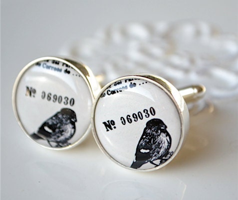 Vintage bird cufflinks - black and white keepsake gift for men, groom, groomsmen, usher, father on wedding day