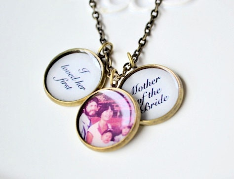 Mother of the Bride I loved her first custom photo antique brass three pendant necklace - Keepsake Gift