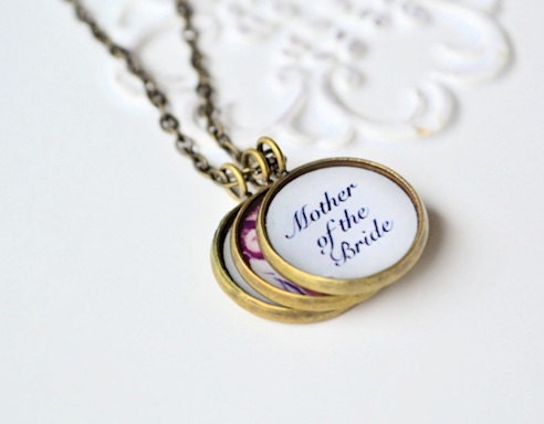 Mother of the Bride I loved her first custom photo antique brass three pendant necklace - wedding day gift for mom