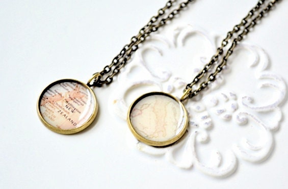 Vintage Map Antique Brass Pendant - Custom pendant necklace - Keepsake gift