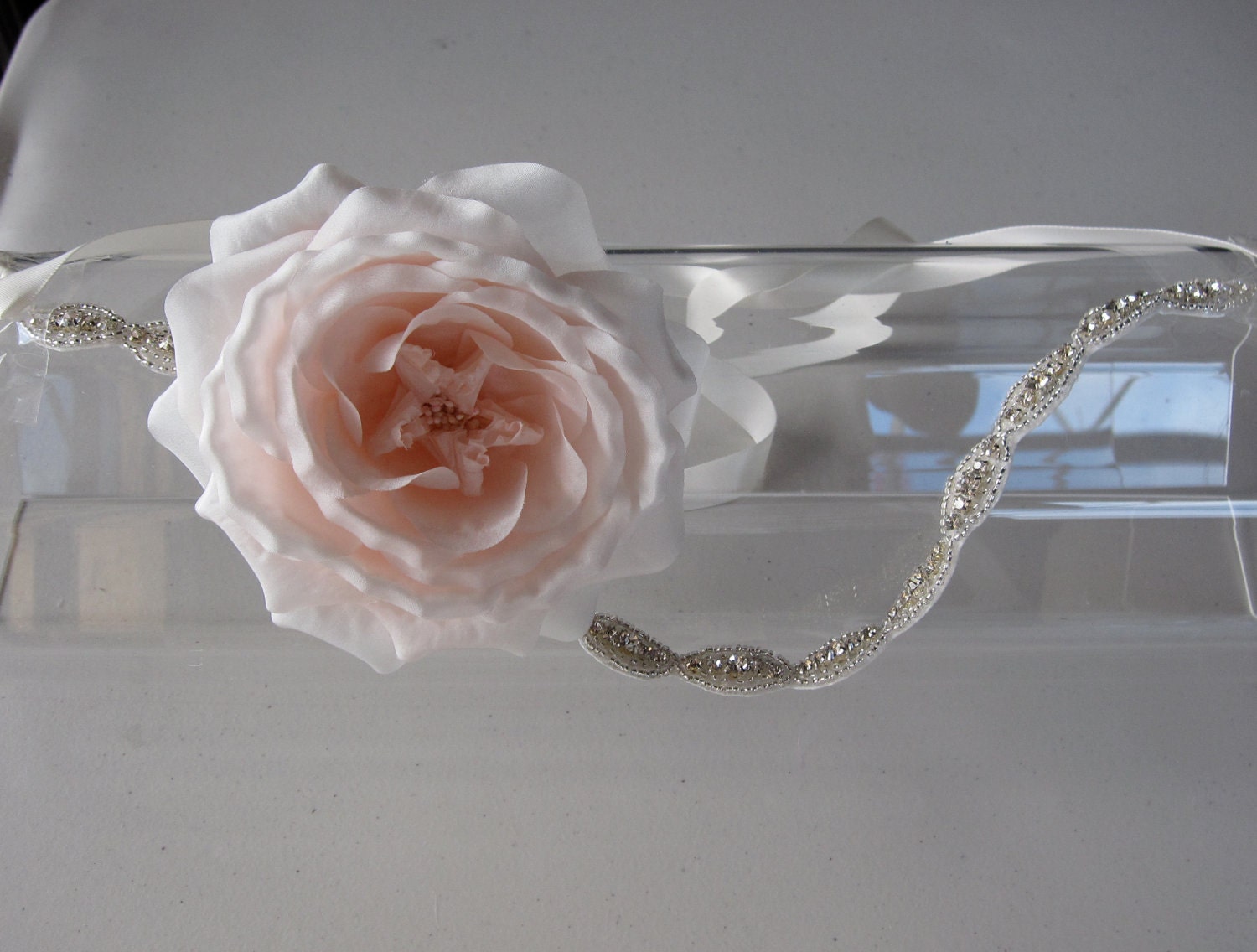 Pink Silk Flower Crystal Beaded Halo Headband with Ivory Satin Ribbon Tie, for weddings, bridal, bridesmaid, special occasions
