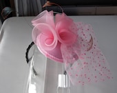 Pink Feather Sinamay Fascinator Hat with Veil and Black Beaded Band, for weddings, parties, special occasions