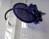Purple Flower Feather Sinamay Fascinator Hat with Veil and Beaded Headband, for weddings, cocktail parties, evening, special occasions