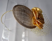 Gold Satin Flower Sinamay Fascinator Hat with Veil and Crystal Headband, for weddings, parties, evening, cocktail, special occasions
