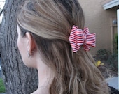 Red and White Stripe Satin Ribbon Bow French Barrette, for parties, special occasions, fun, weekend