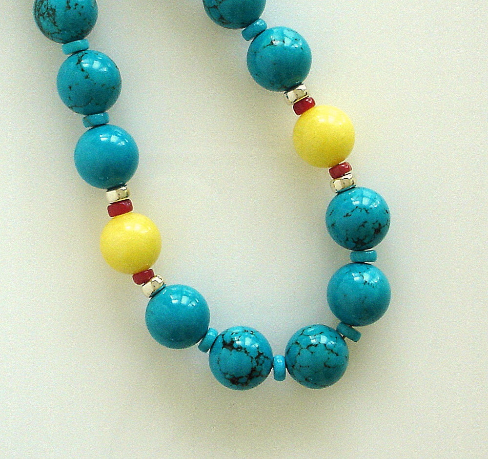 Turquoise Beaded Necklace, Yellow Jade, Sterling Silver, Semi-Precious Gemstone, Fashion Jewelry