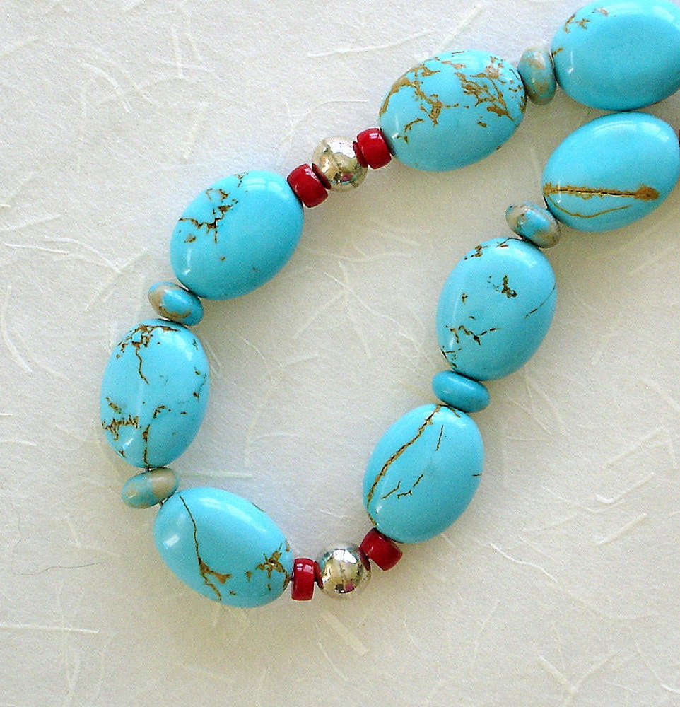 Blue Turquoise Magnesite Beaded Necklace, Boulder Tourquoise, Red Coral, Sterling Silver, Semi-Precious Gemstones