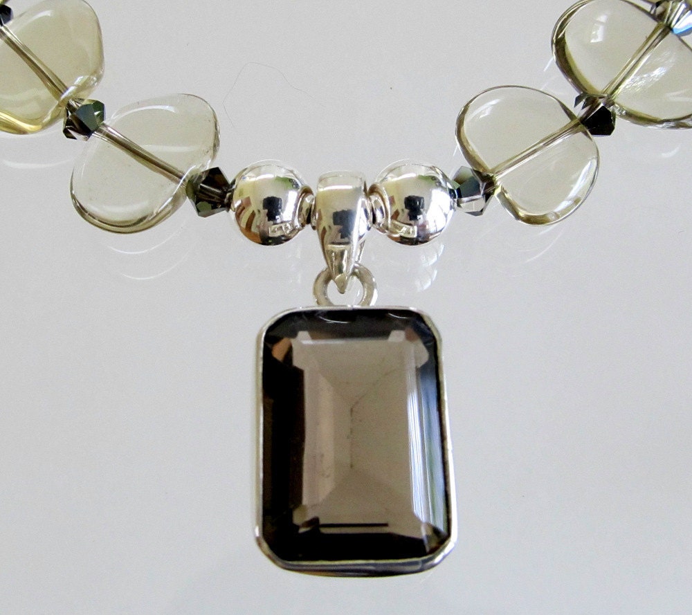 Lemon Quartz Beaded Necklace, Smoky Quartz Pendant, Sterling Silver, Designer, Semi Precious Gemstone