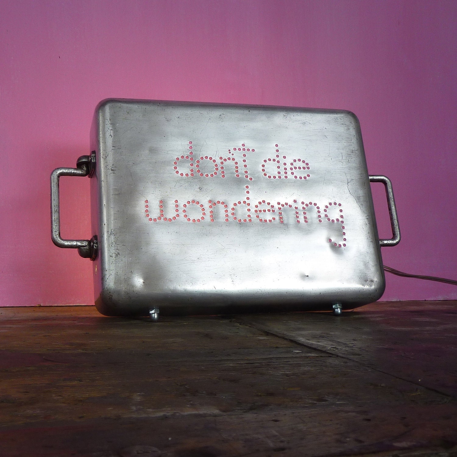 RESERVED Cottage Chic Lamp Don't Die Wondering Ambient Insight Light Up Cycled Vintage Aluminum Baking Pan for Wall or Shelf