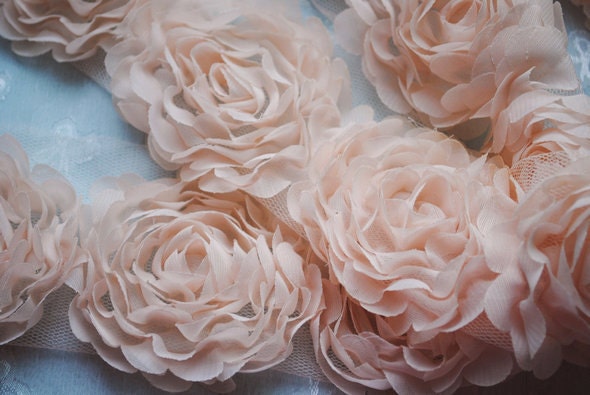 Chiffon Rose Lace Trim Appliqué Peach Pink 3D Bridal Wedding Camellia Ruffled Flower