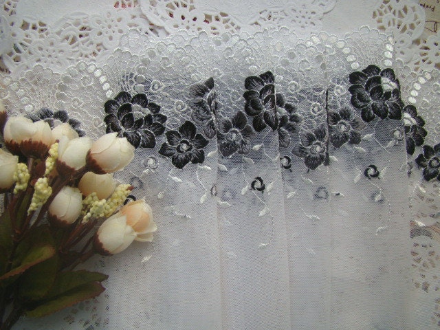 Embriodered Lace Trim White Mesh Tulle Net Lace Black Rose Lace Fabric Supplies 7.48'' 2 Yards