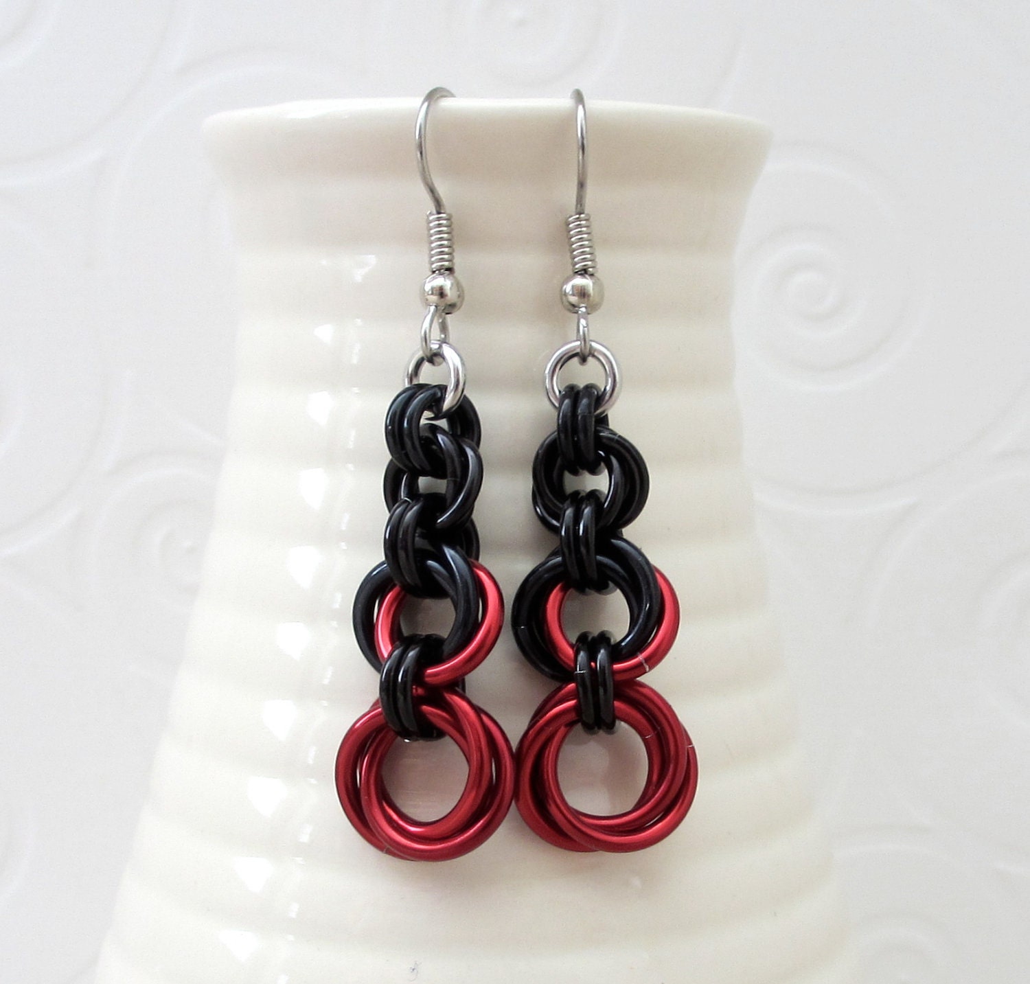 Red and black chain mail earrings Mobius flowers