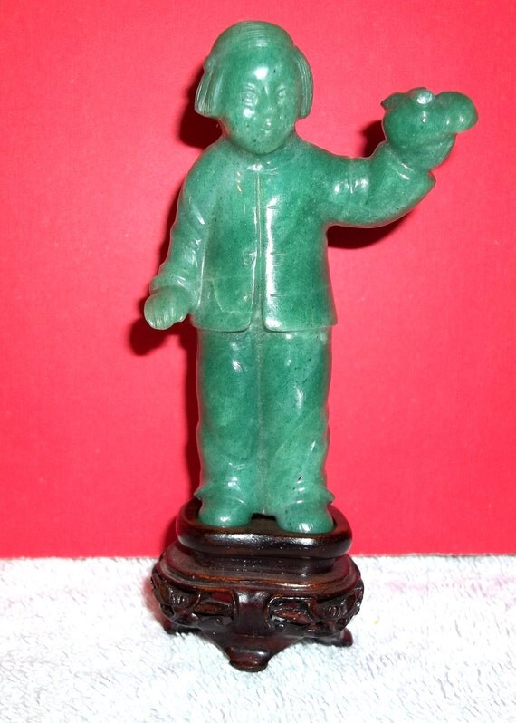 Vintage Oriental Green Jade Figurine Hard Wood Base by loscaseys