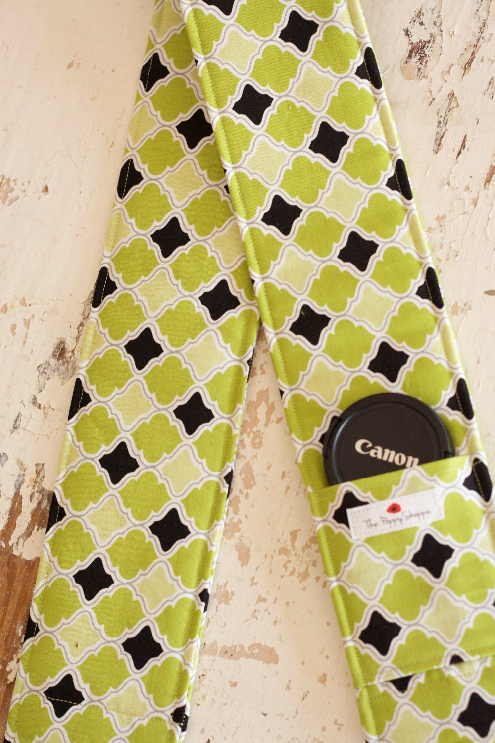 DSLR Camera Strap Cover- lens cap pocket and padding included- Lime and Black