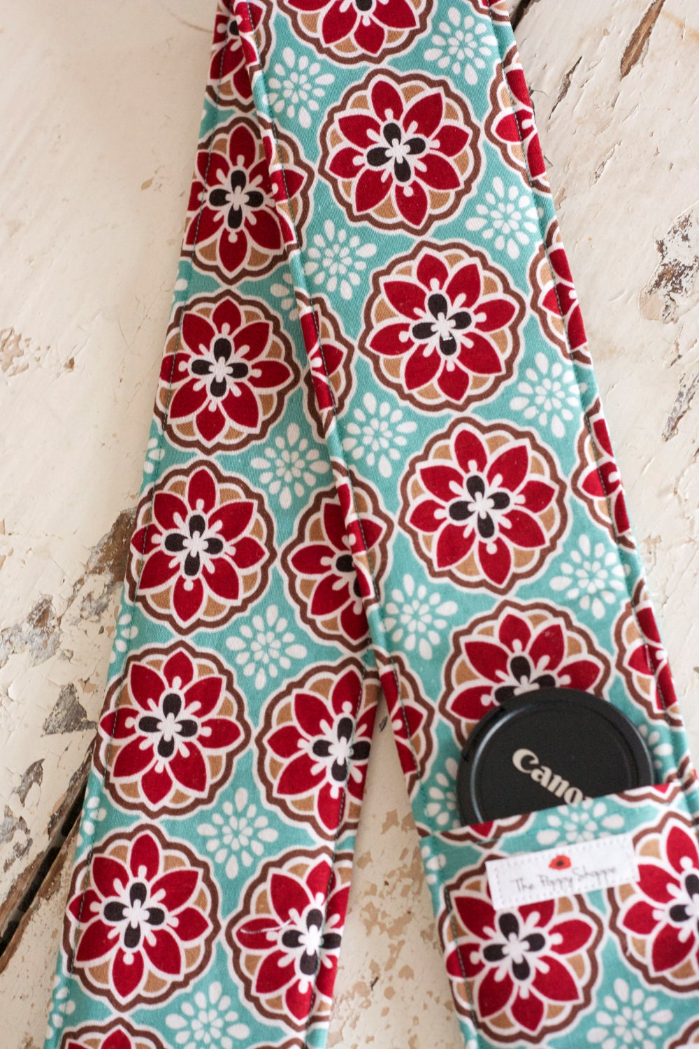 DSLR Camera Strap Cover- lens cap pocket and padding included- Turquoise and Red