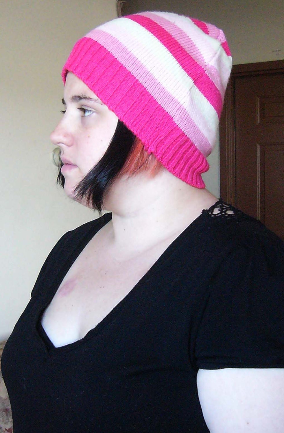 ON SALE - Cute Pink and White Striped Beanie (OOAK)