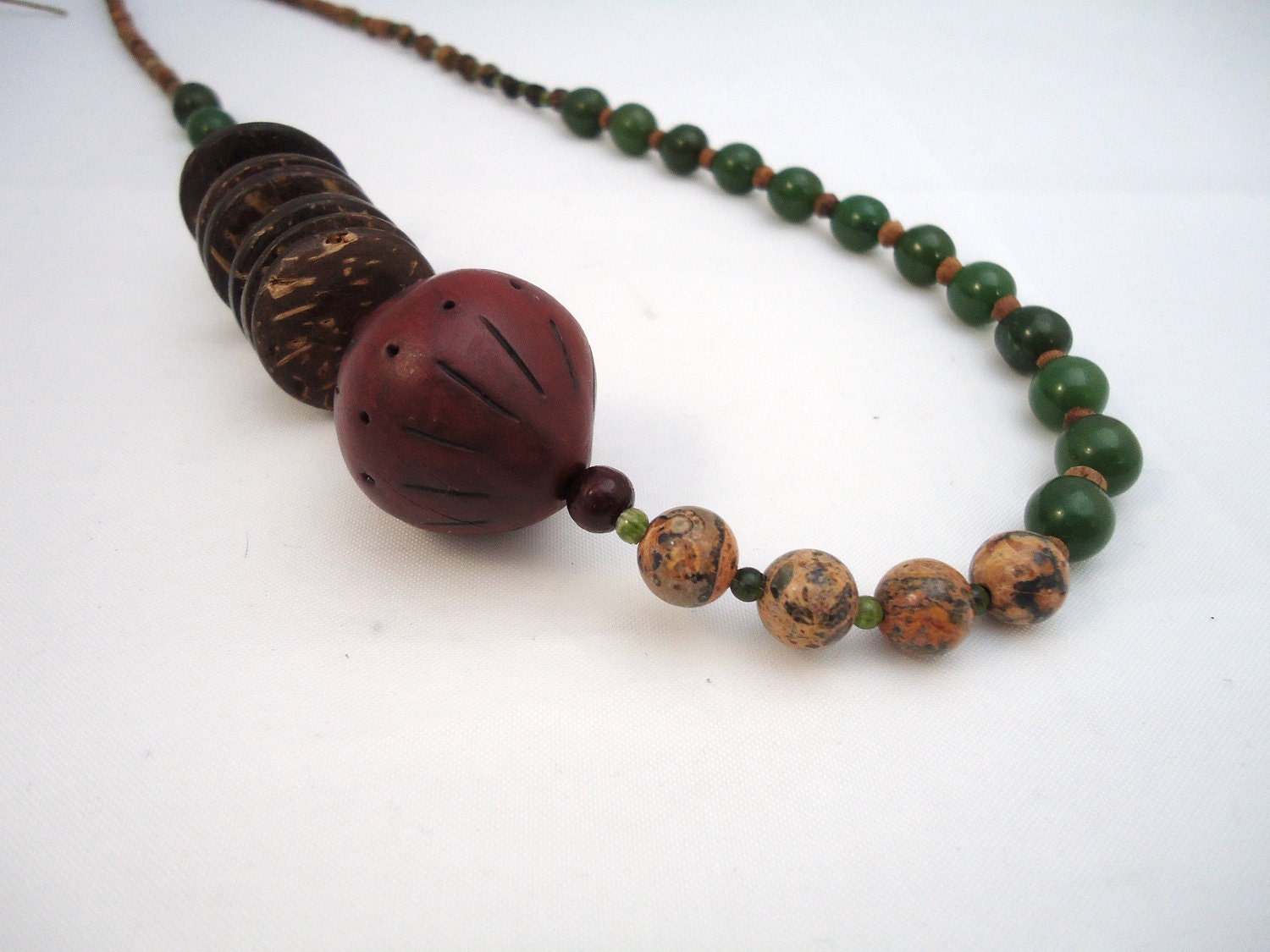 green stone necklace earthy necklace beaded necklace jade necklace polymer clay bead necklace