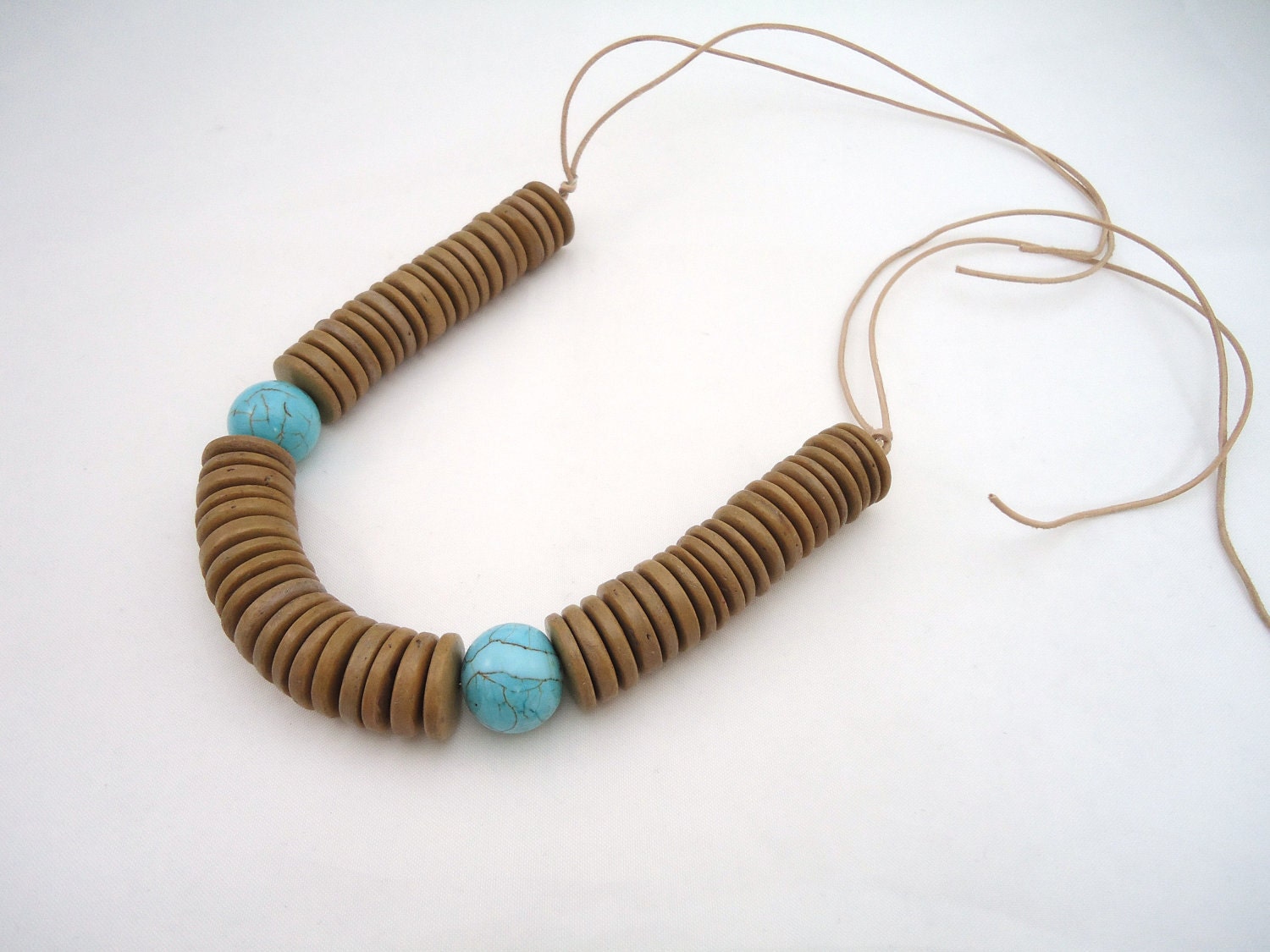 turquoise leather necklace wood and leather necklace beige natural blue magnesite chunky necklace statement necklace