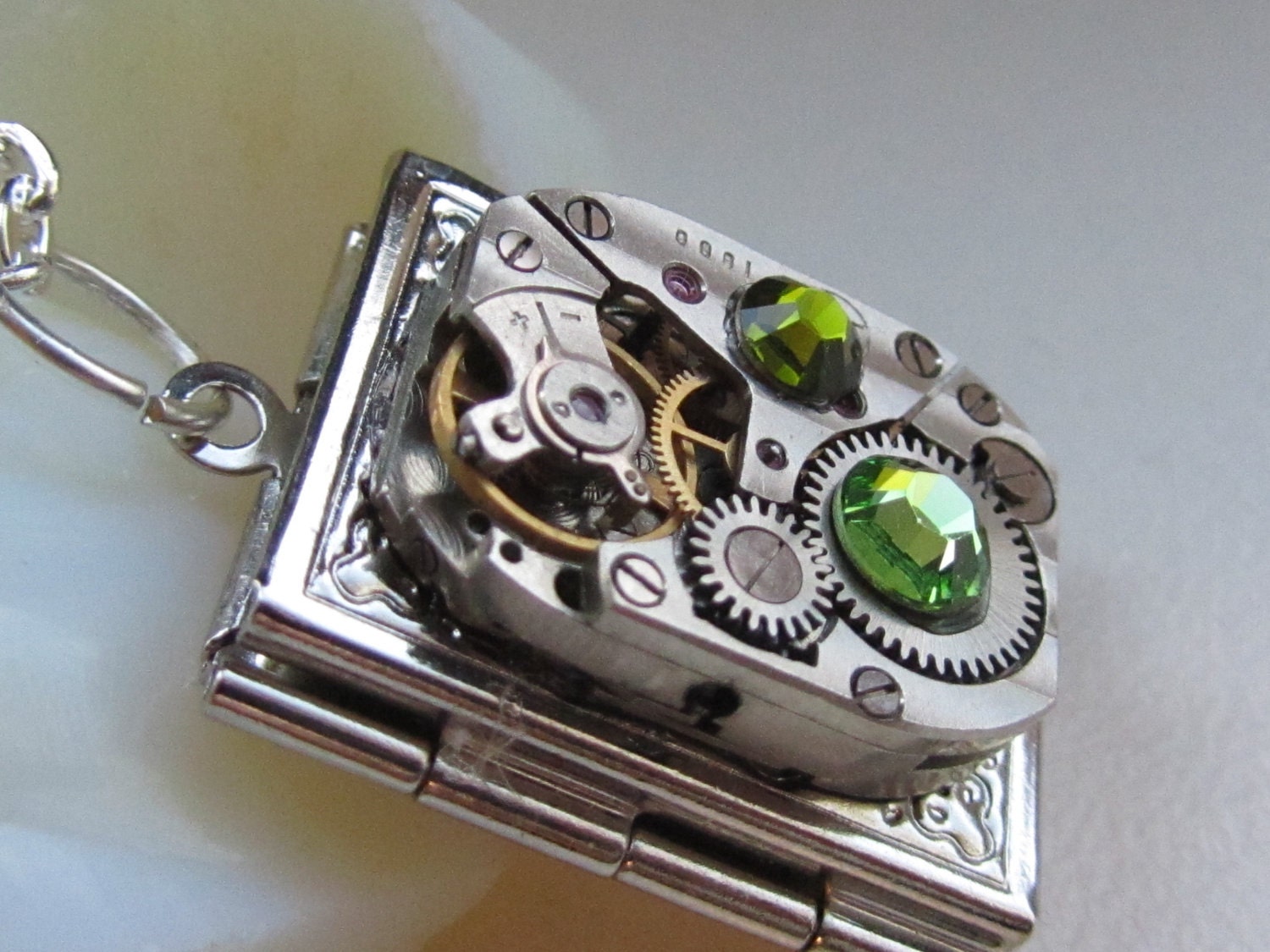 Steampunk book locket necklace - with vintage watch  movement and real Swarovski crystals