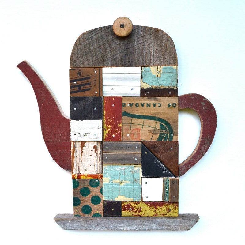 turkish tea pot architectural salvage patchwork vintage wood mosaic large original art by Elizabeth Rosen