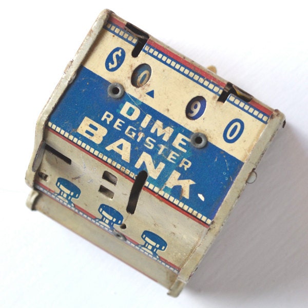 Vintage J. Chein & Co. tin litho Dime Register Bank 2 inches tall  offered by Elizabeth Rosen