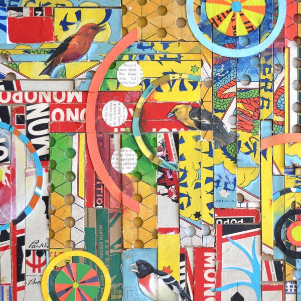 bird games ORIGINAL COLLAGE 16x30 big vintage game boards by Elizabeth Rosen