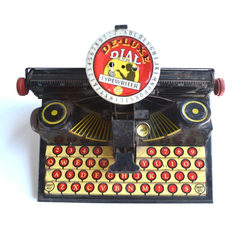 Vintage toy vintage tin litho Marx De-Luxe Dial Typewriter Great Graphics offered by Elizabeth Rosen
